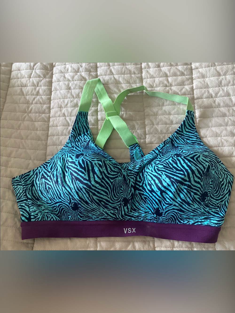 VSX Teal Zebra Print Sports Bra with Purple Band and Lime Straps